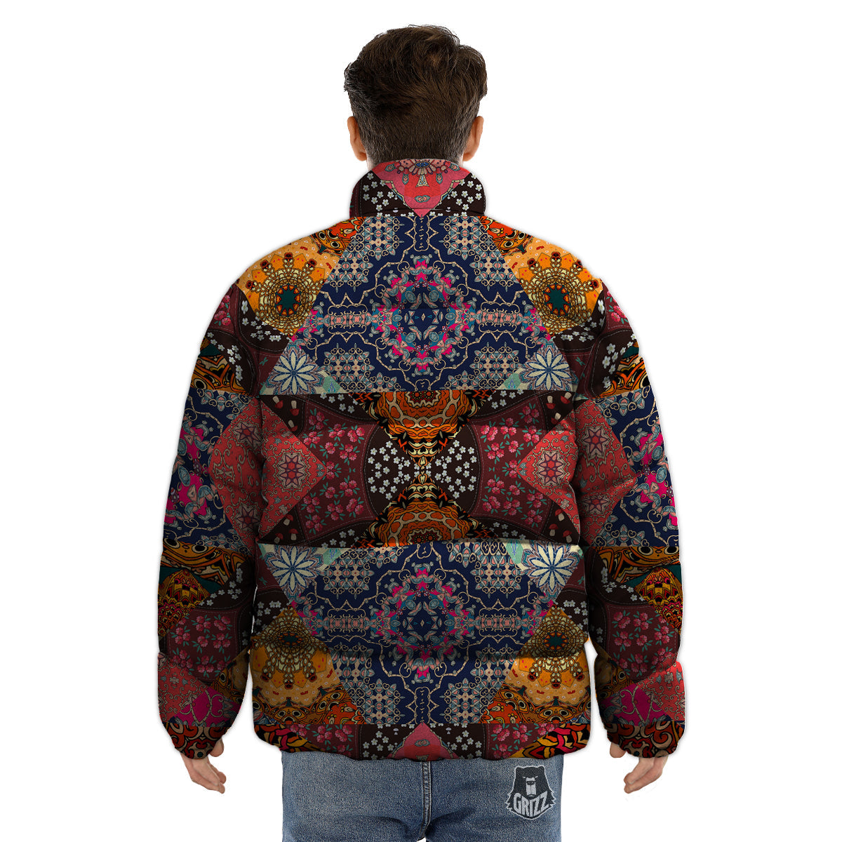 Patchwork Indian Flower Mandala Print Pattern Puffer Jacket-grizzshop