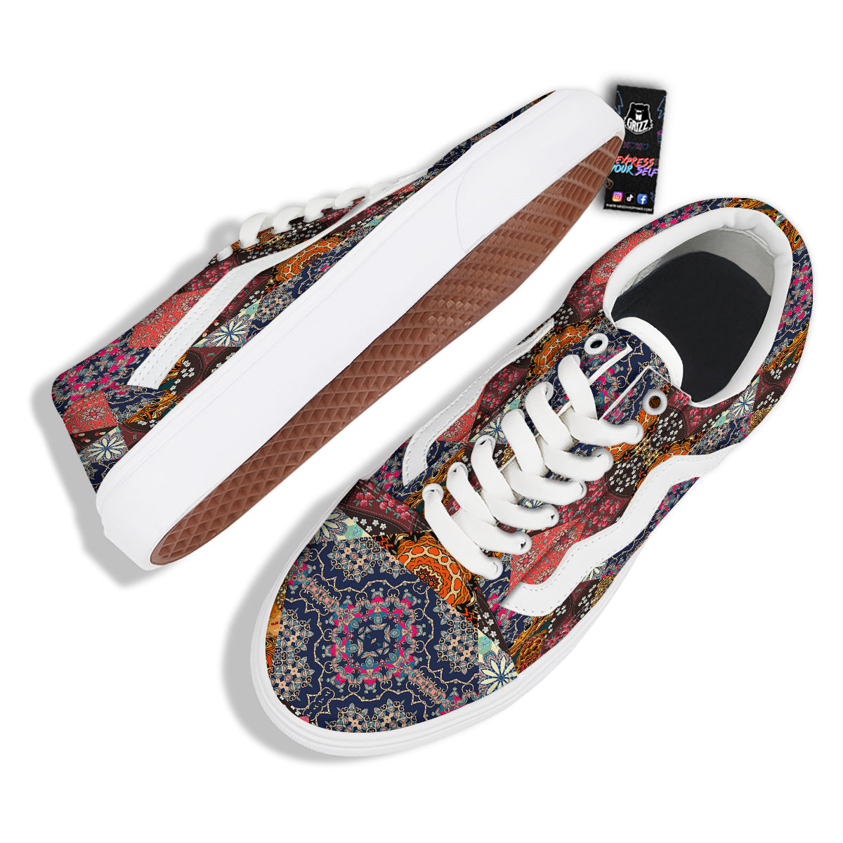 Patchwork Indian Flower Mandala Print Pattern Skate Shoes-grizzshop