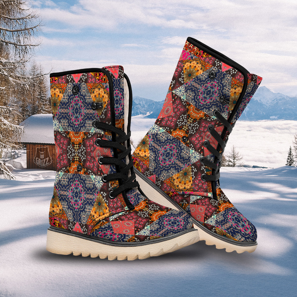 Patchwork Indian Flower Mandala Print Pattern Snow Boots-grizzshop