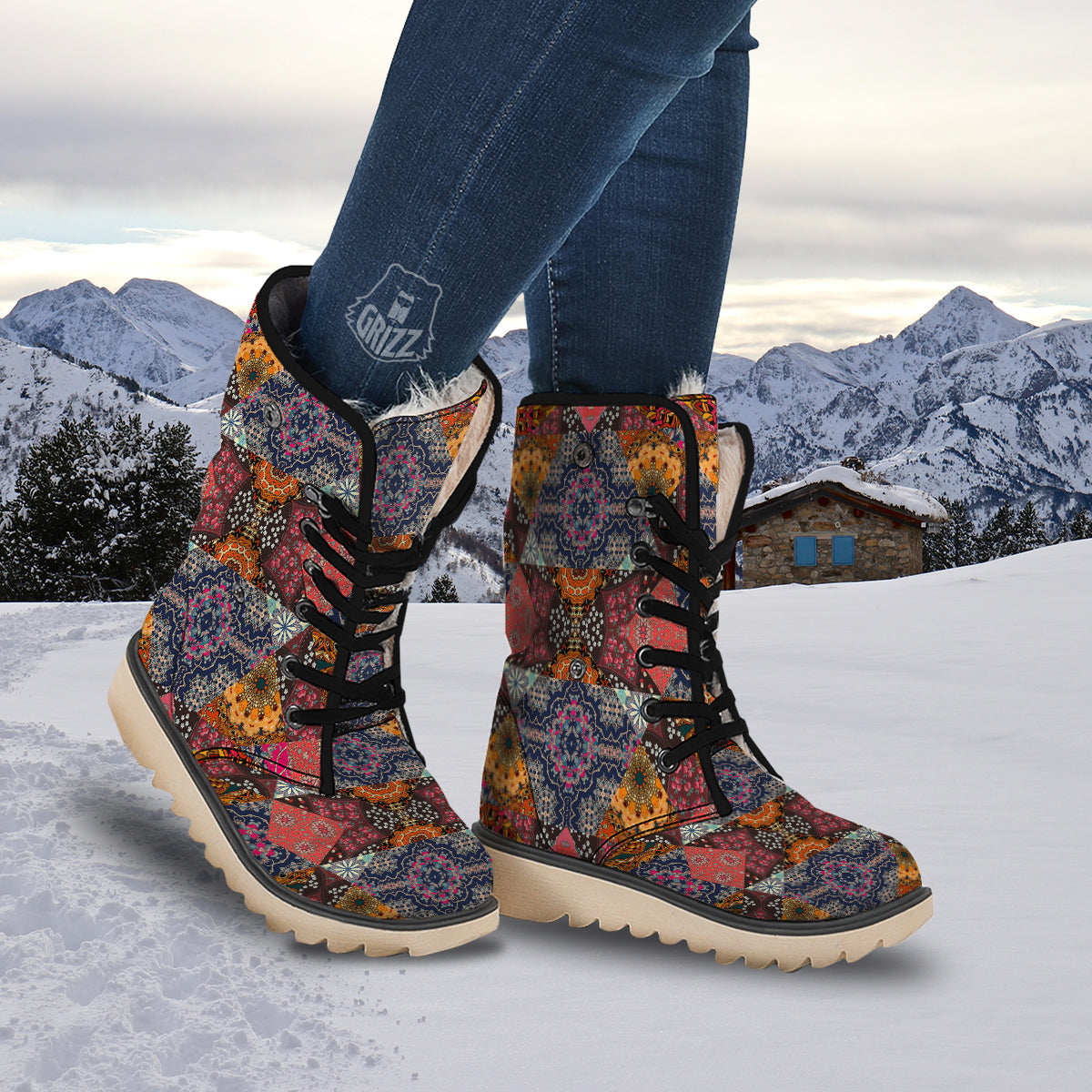 Patchwork Indian Flower Mandala Print Pattern Snow Boots-grizzshop