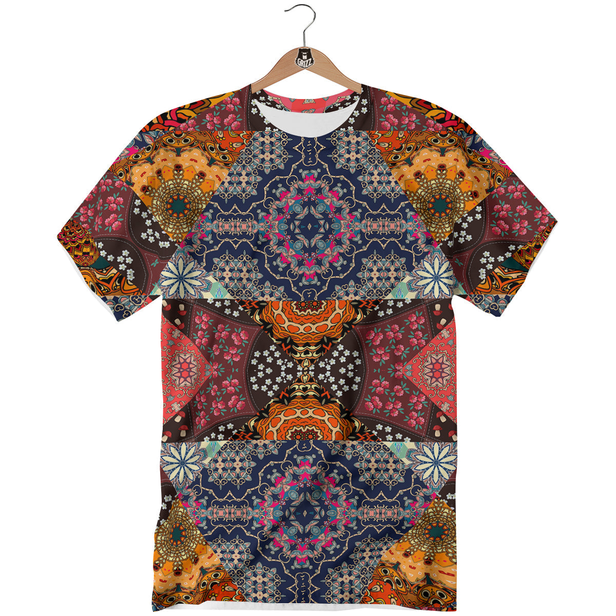 Patchwork Indian Flower Mandala Print Pattern T-Shirt-grizzshop