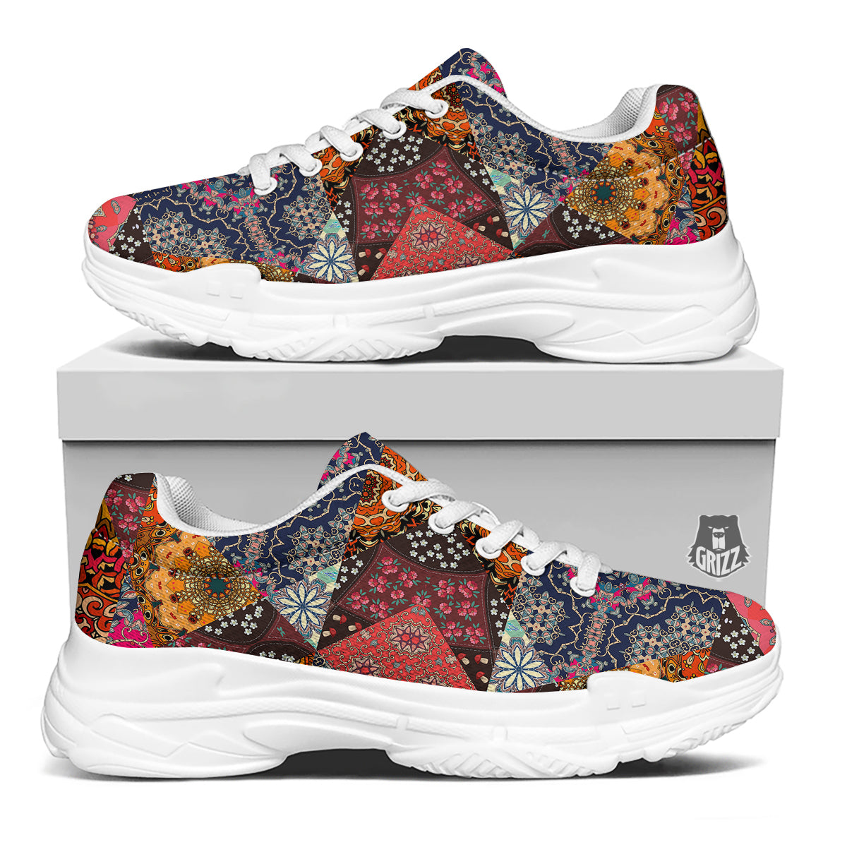 Patchwork Indian Flower Mandala Print Pattern White Chunky Shoes-grizzshop