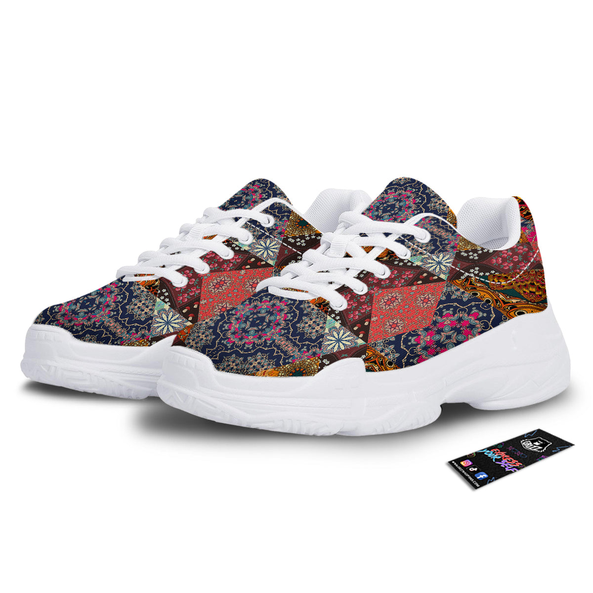 Patchwork Indian Flower Mandala Print Pattern White Chunky Shoes-grizzshop