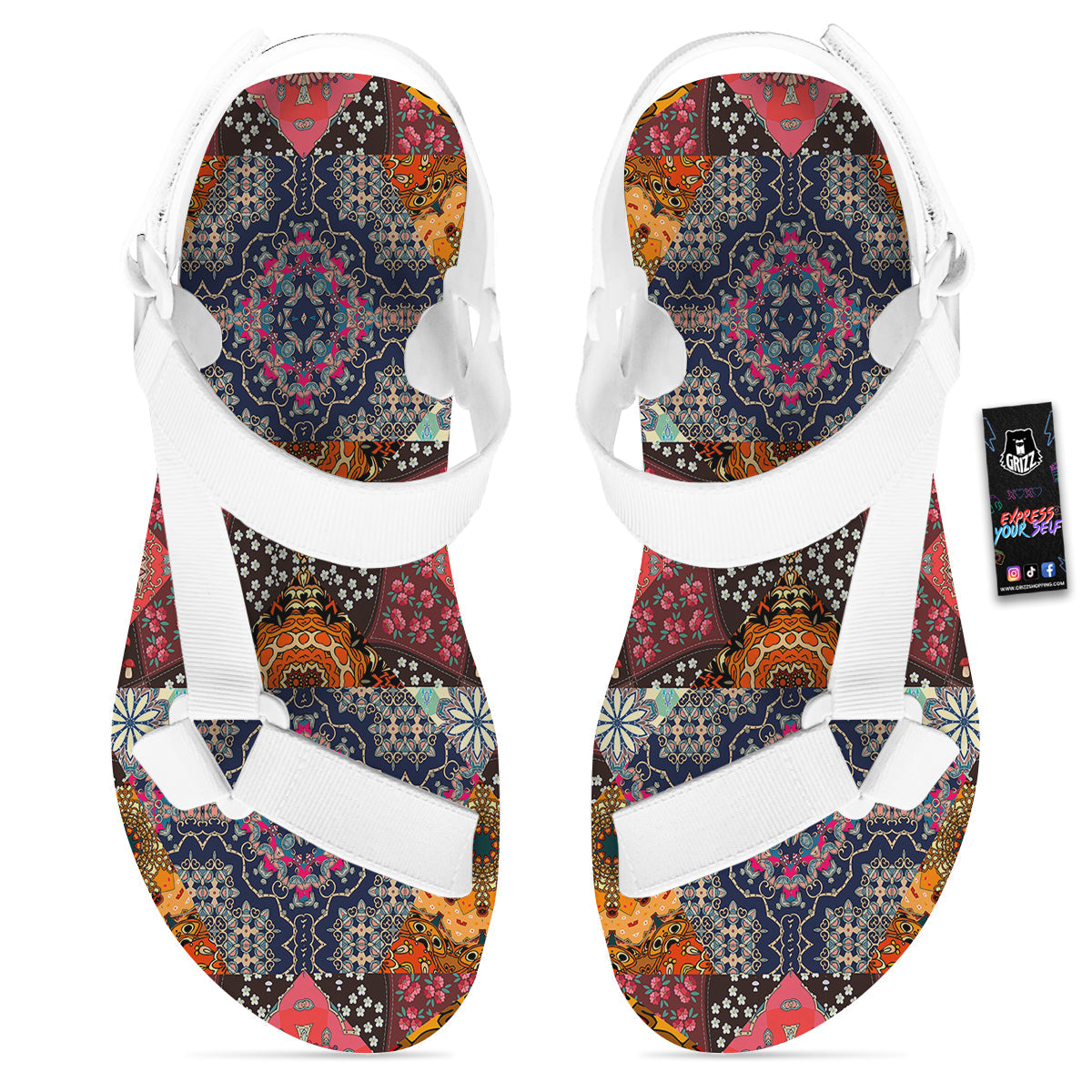 Patchwork Indian Flower Mandala Print Pattern White Open Toe Sandals-grizzshop