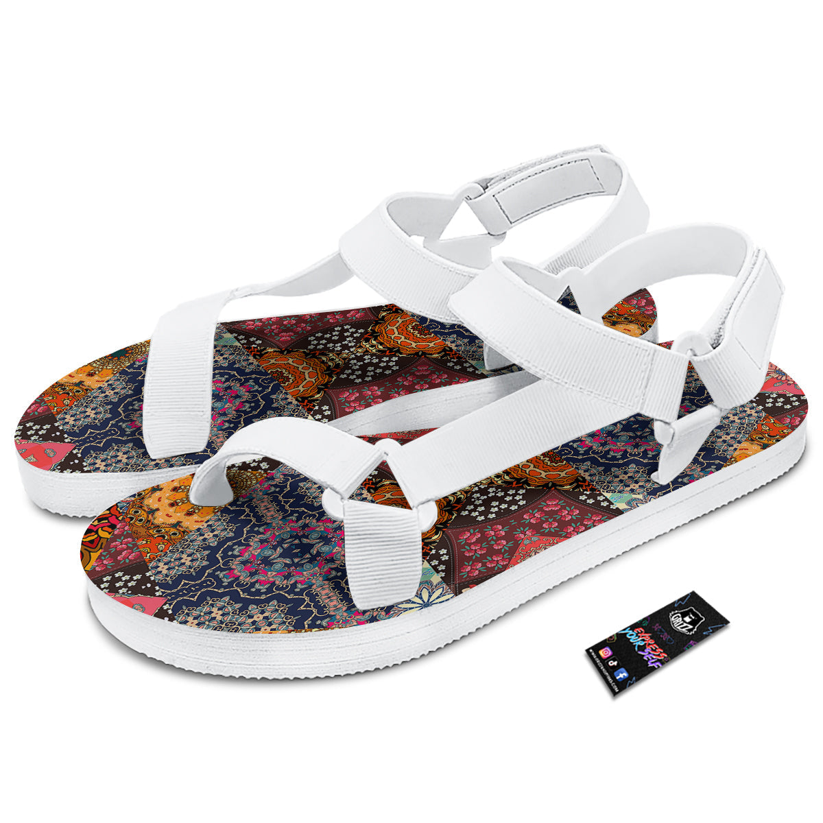 Patchwork Indian Flower Mandala Print Pattern White Open Toe Sandals-grizzshop