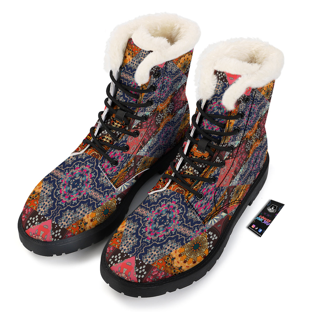 Patchwork Indian Flower Mandala Print Pattern Winter Boots-grizzshop