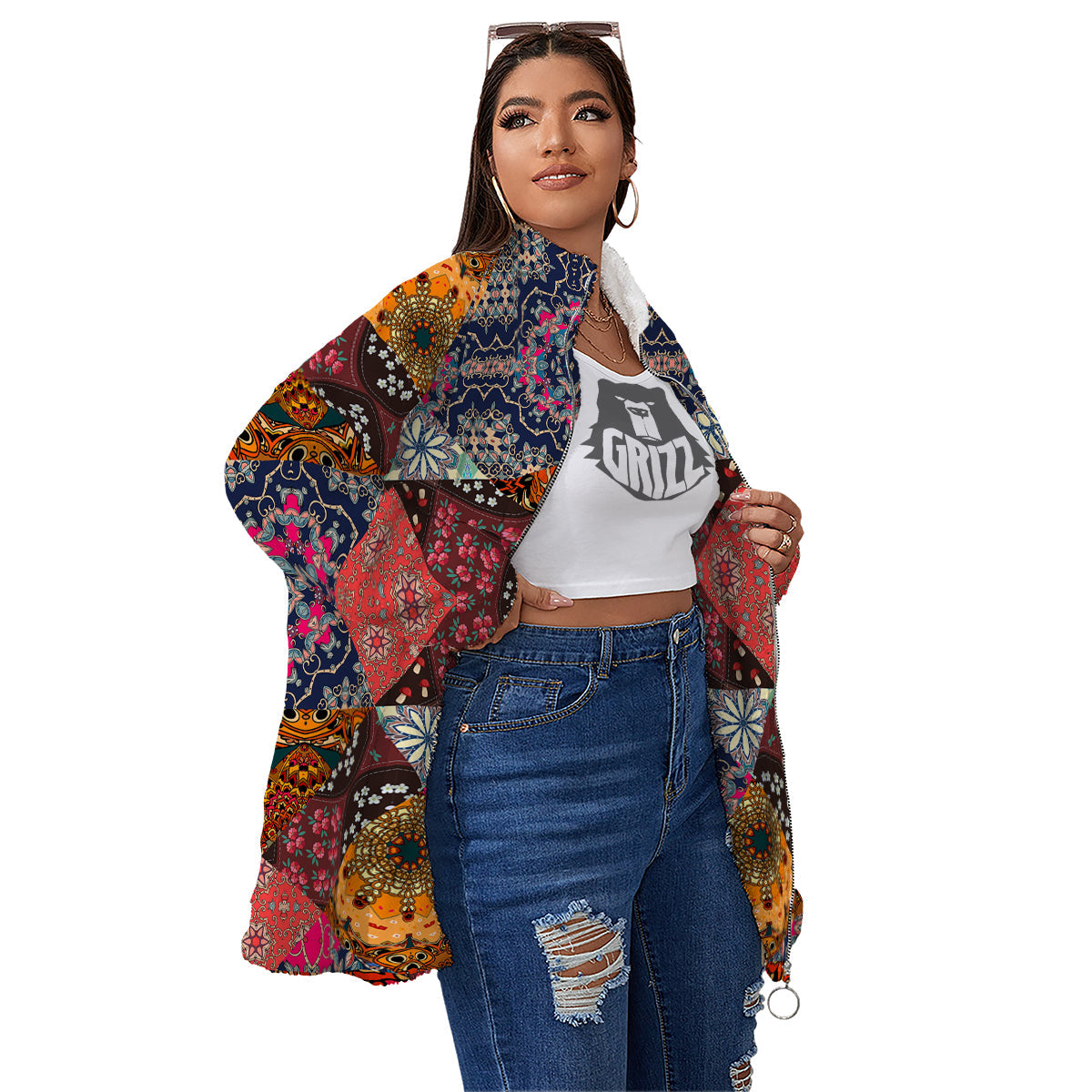 Patchwork Indian Flower Mandala Print Pattern Women's Sherpa Jacket-grizzshop