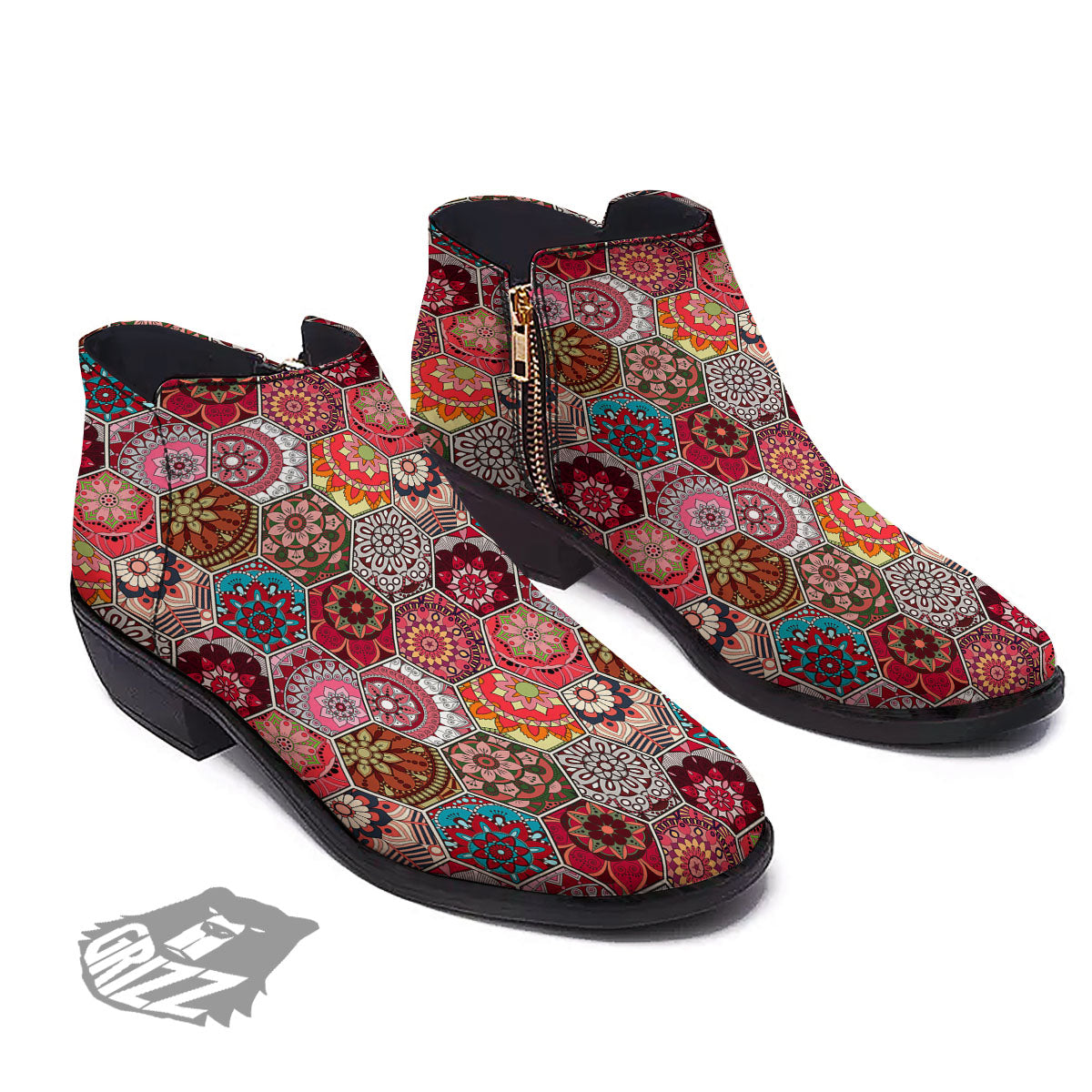 Patchwork Indian Print Pattern Ankle Boots-grizzshop