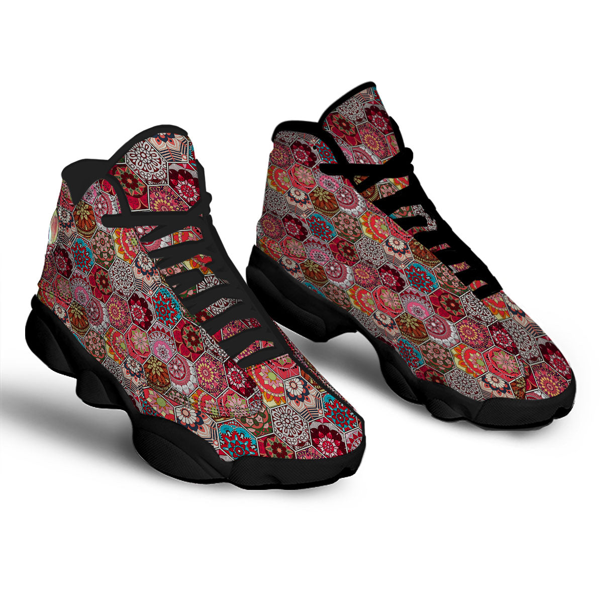 Patchwork Indian Print Pattern Black Basketball Shoes-grizzshop