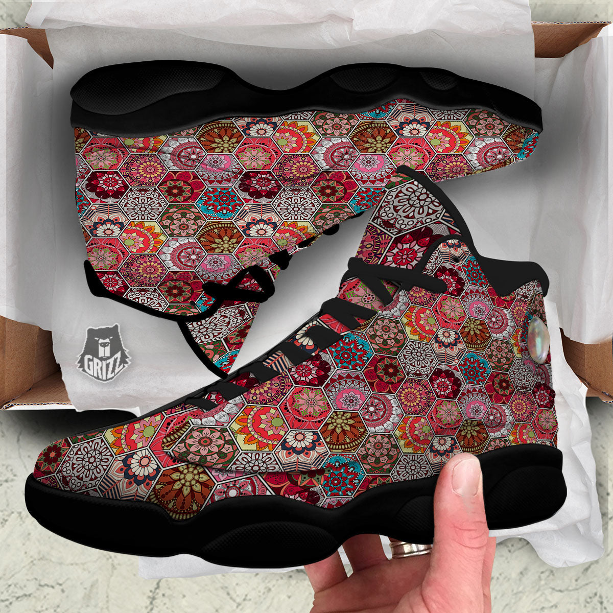 Patchwork Indian Print Pattern Black Basketball Shoes-grizzshop