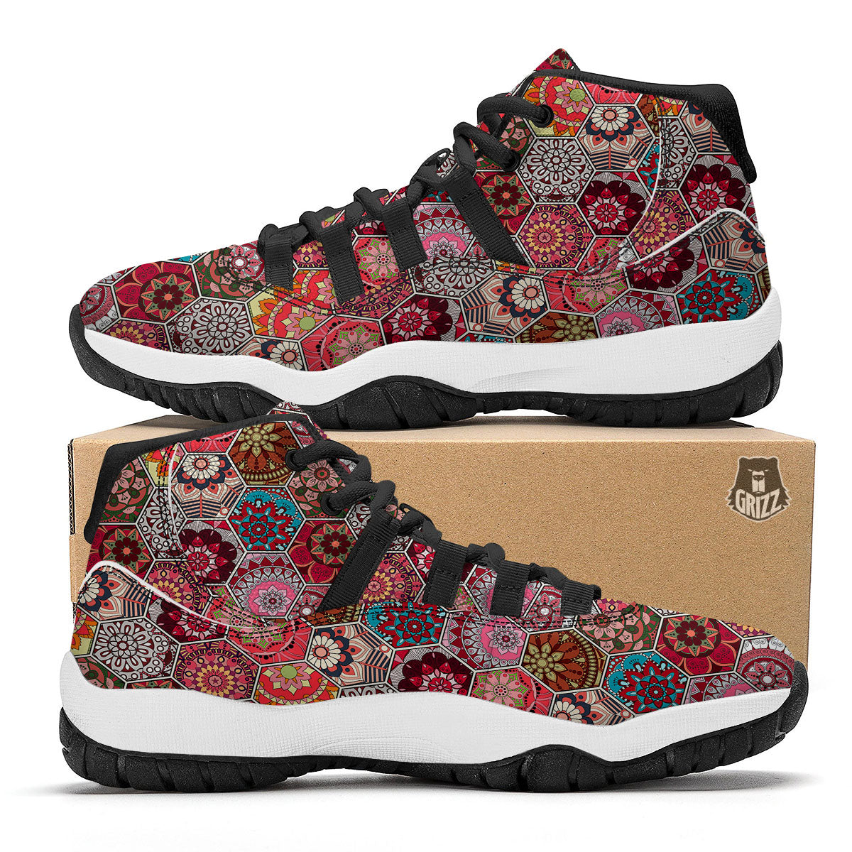 Patchwork Indian Print Pattern Black Bball Shoes-grizzshop