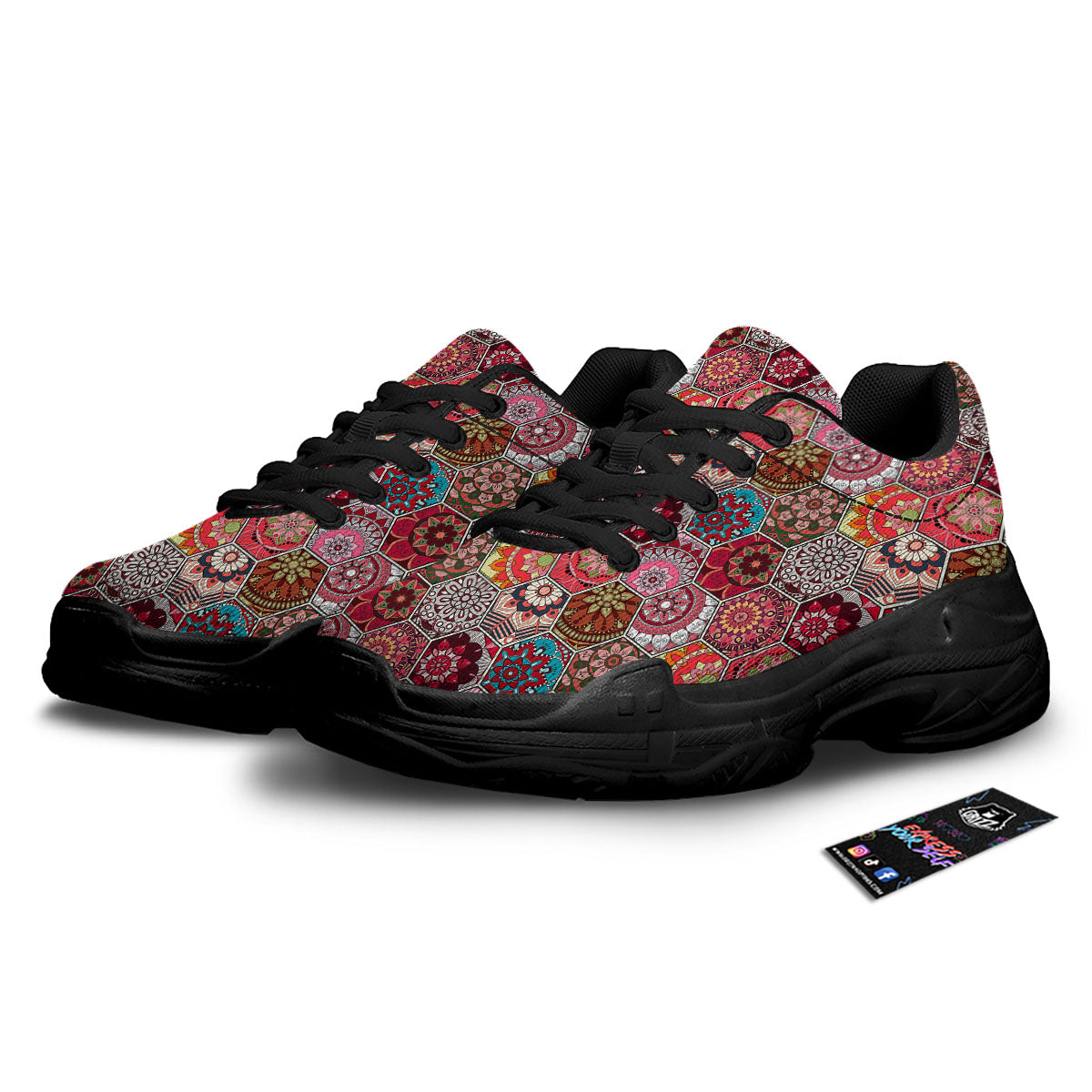 Patchwork Indian Print Pattern Black Chunky Shoes-grizzshop