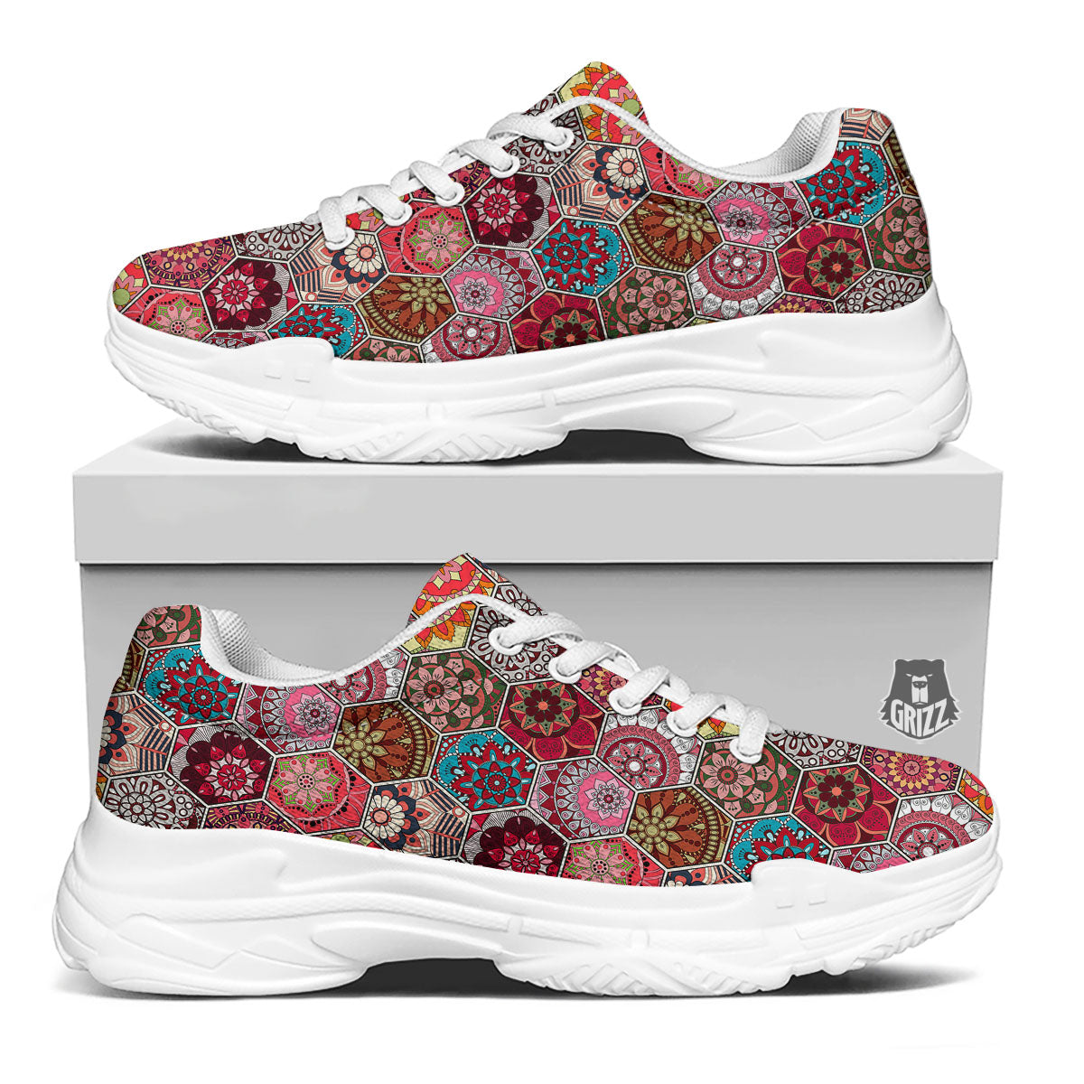 Patchwork Indian Print Pattern White Chunky Shoes-grizzshop