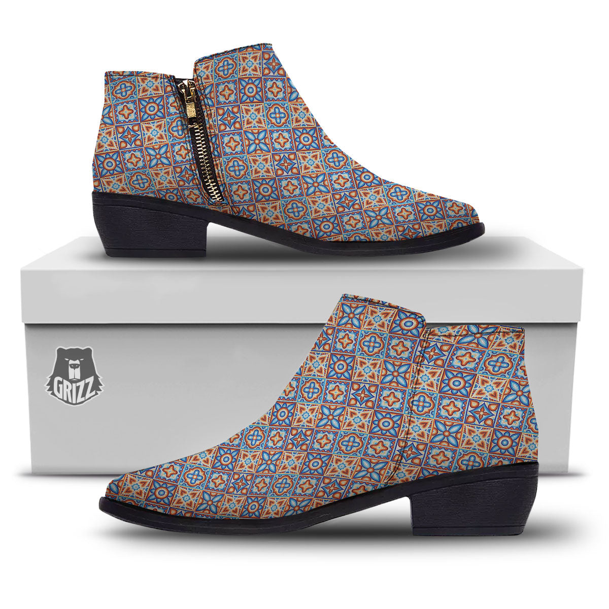 Patchwork Mosaic Print Pattern Ankle Boots-grizzshop