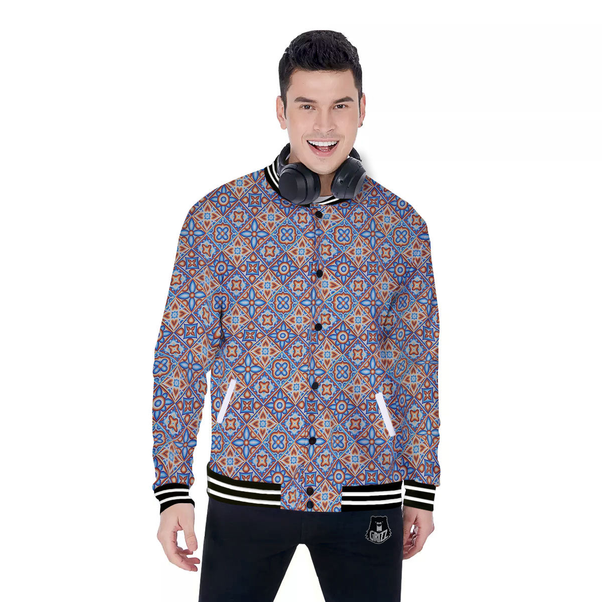 Patchwork Mosaic Print Pattern Baseball Jacket-grizzshop