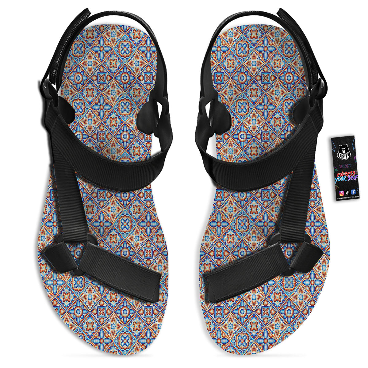 Patchwork Mosaic Print Pattern Black Open Toe Sandals-grizzshop
