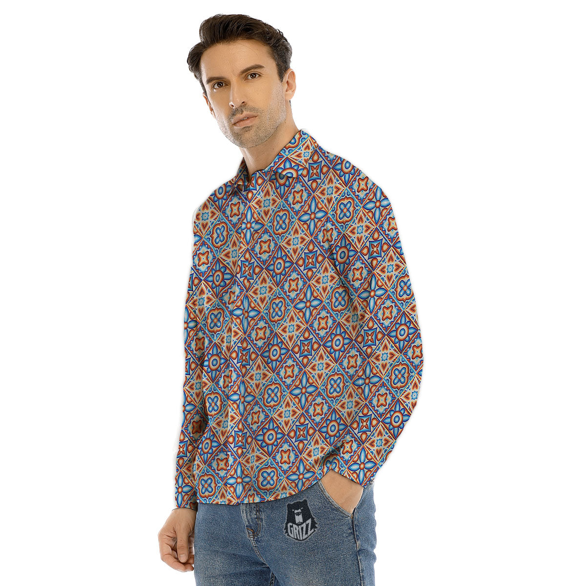 Patchwork Mosaic Print Pattern Men's Dress Shirts-grizzshop