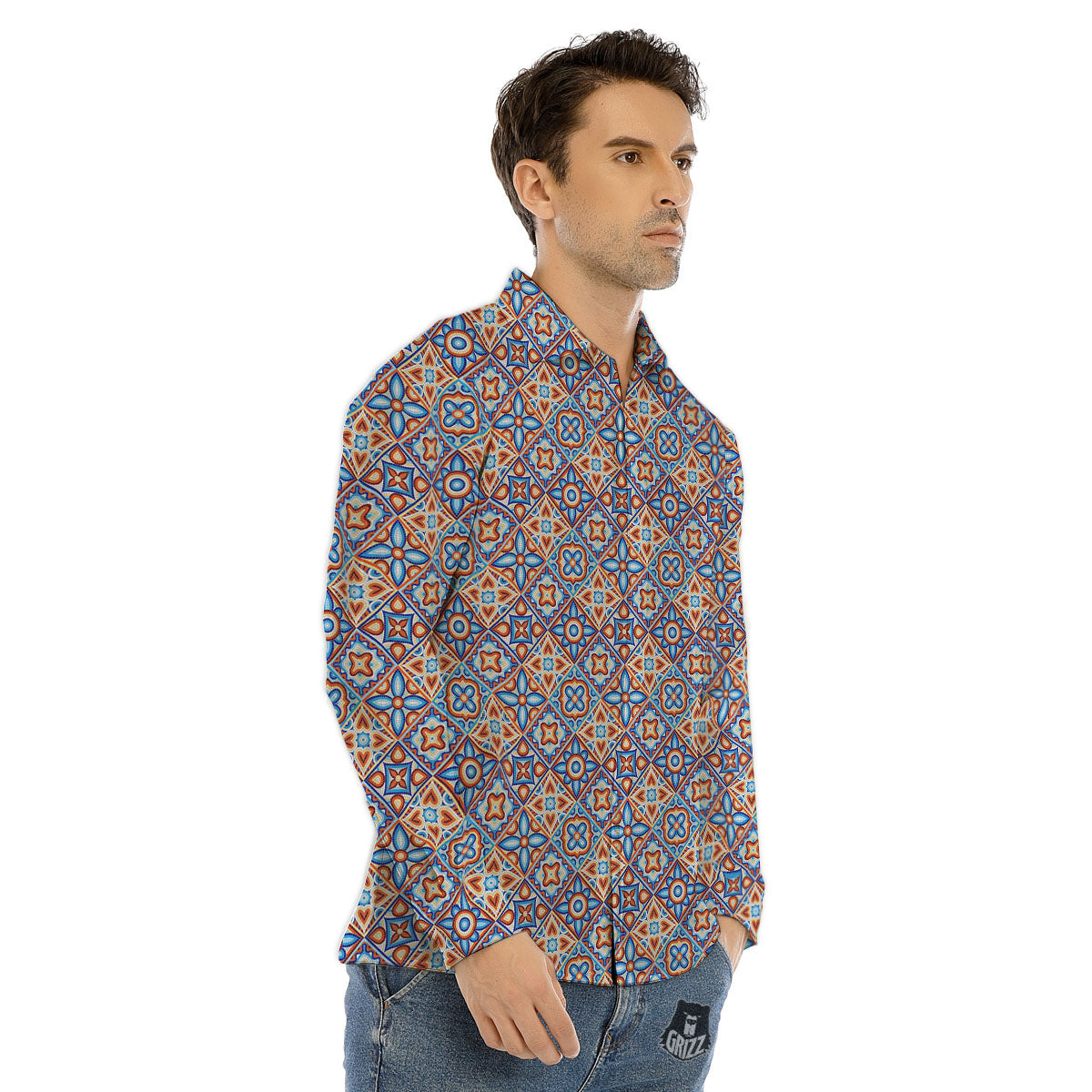 Patchwork Mosaic Print Pattern Men's Dress Shirts-grizzshop