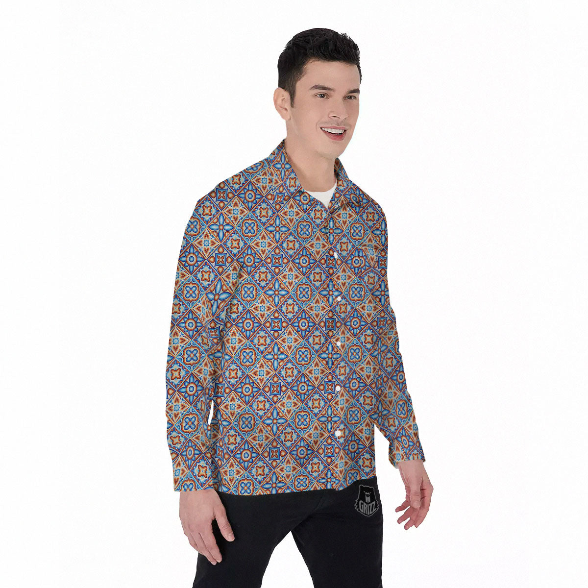 Patchwork Mosaic Print Pattern Men's Long Sleeve Shirts-grizzshop