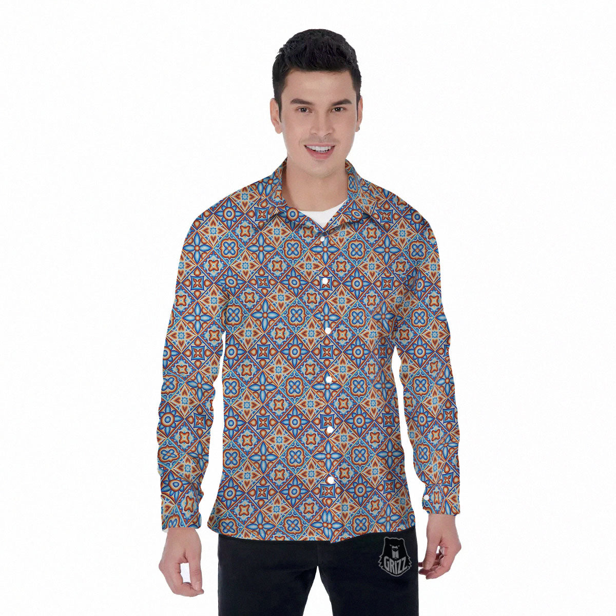 Patchwork Mosaic Print Pattern Men's Long Sleeve Shirts-grizzshop