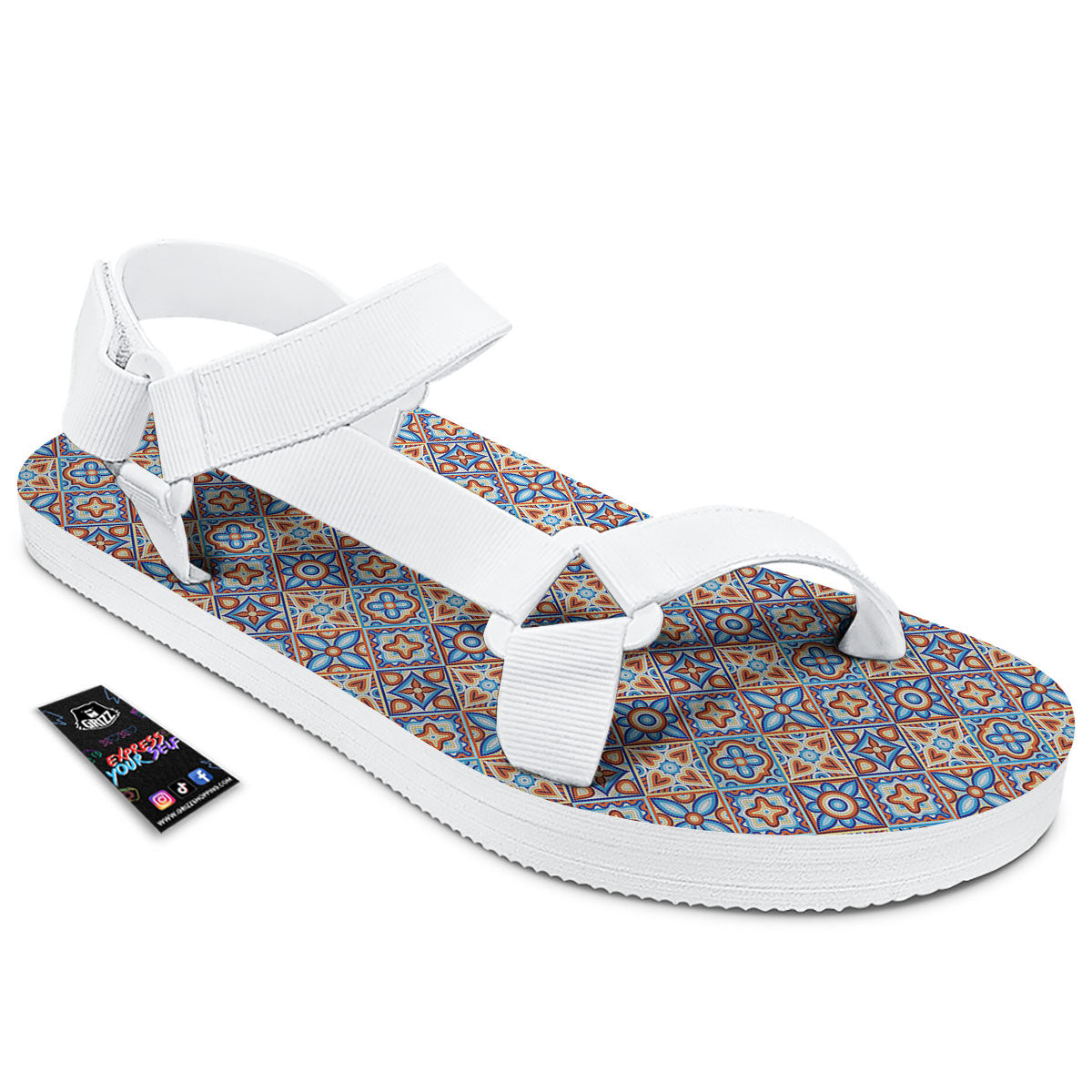 Patchwork Mosaic Print Pattern White Open Toe Sandals-grizzshop