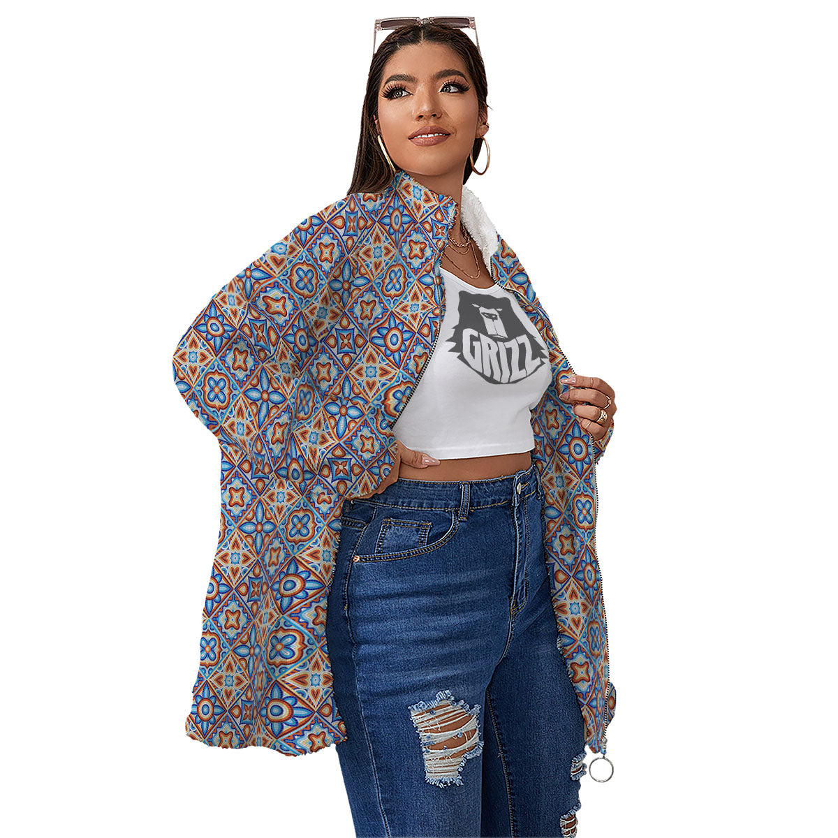 Patchwork Mosaic Print Pattern Women's Sherpa Jacket-grizzshop