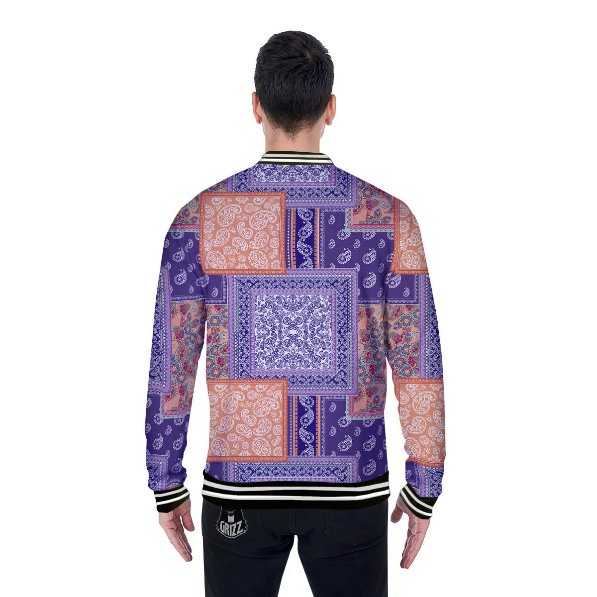Patchwork Paisley Blue And Orange Print Pattern Baseball Jacket-grizzshop