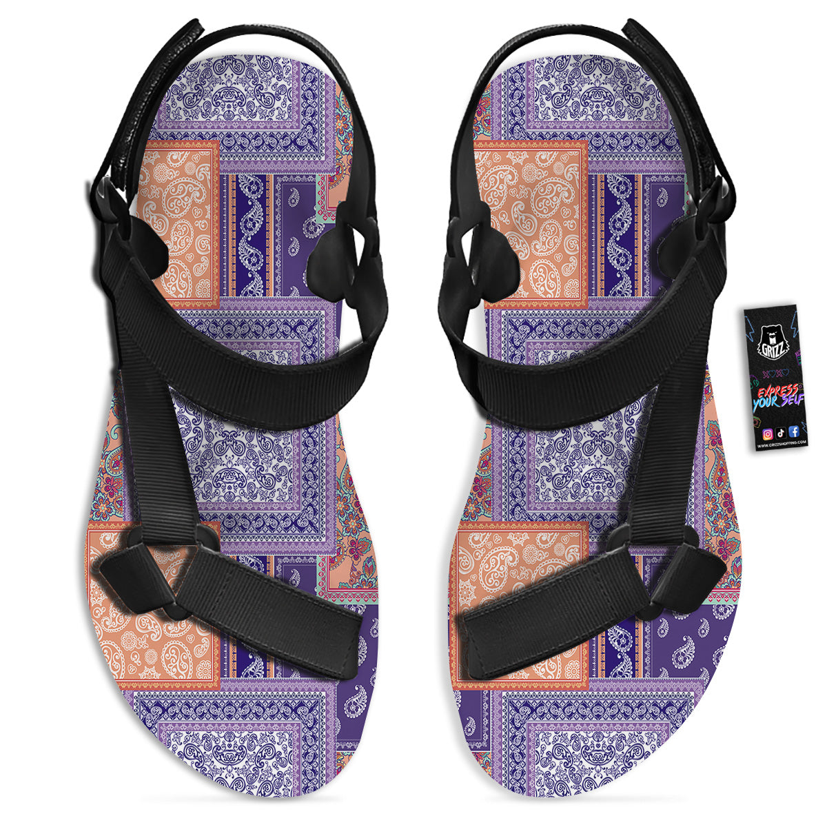 Patchwork Paisley Blue And Orange Print Pattern Black Open Toe Sandals-grizzshop