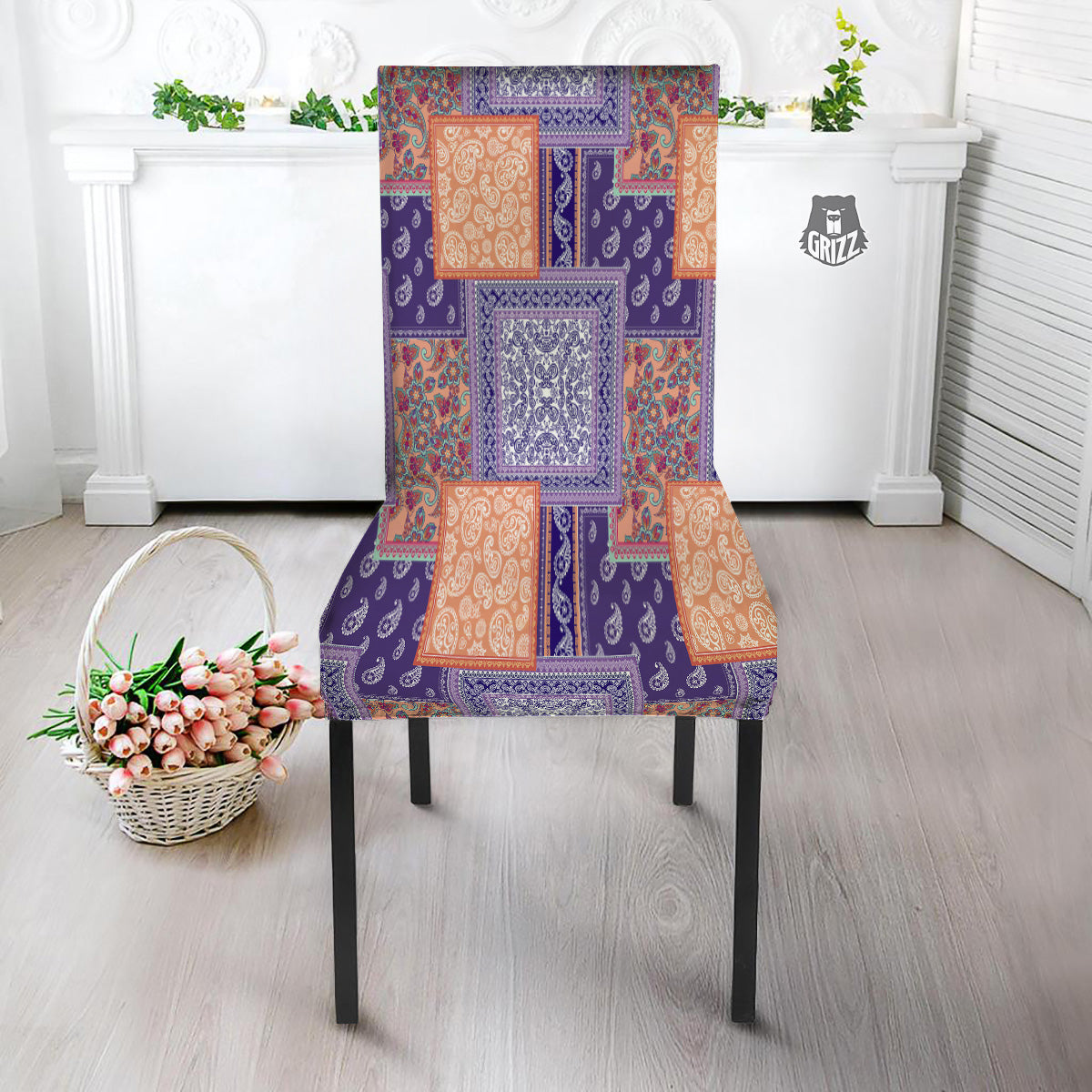 Patchwork Paisley Blue And Orange Print Pattern Dining Chair Slipcover-grizzshop