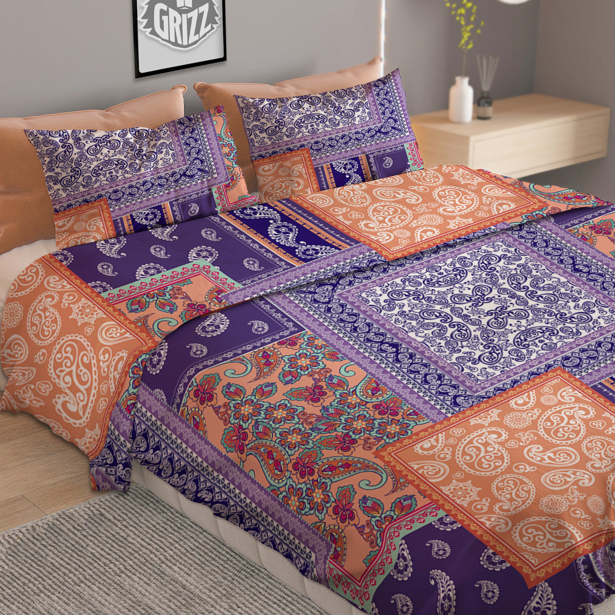 Patchwork Paisley Blue And Orange Print Pattern Duvet Cover Bedding Set