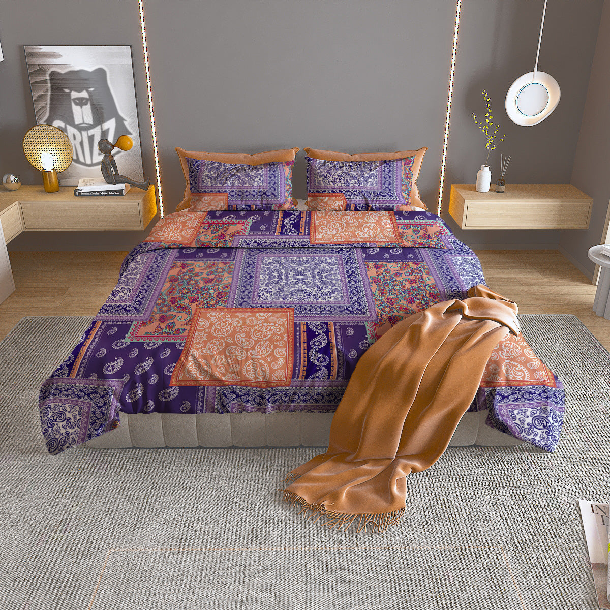 Patchwork Paisley Blue And Orange Print Pattern Duvet Cover Bedding Set