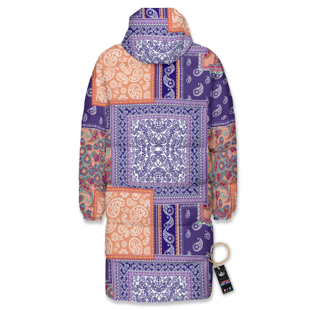 Patchwork Paisley Blue And Orange Print Pattern Long Down Jacket-grizzshop
