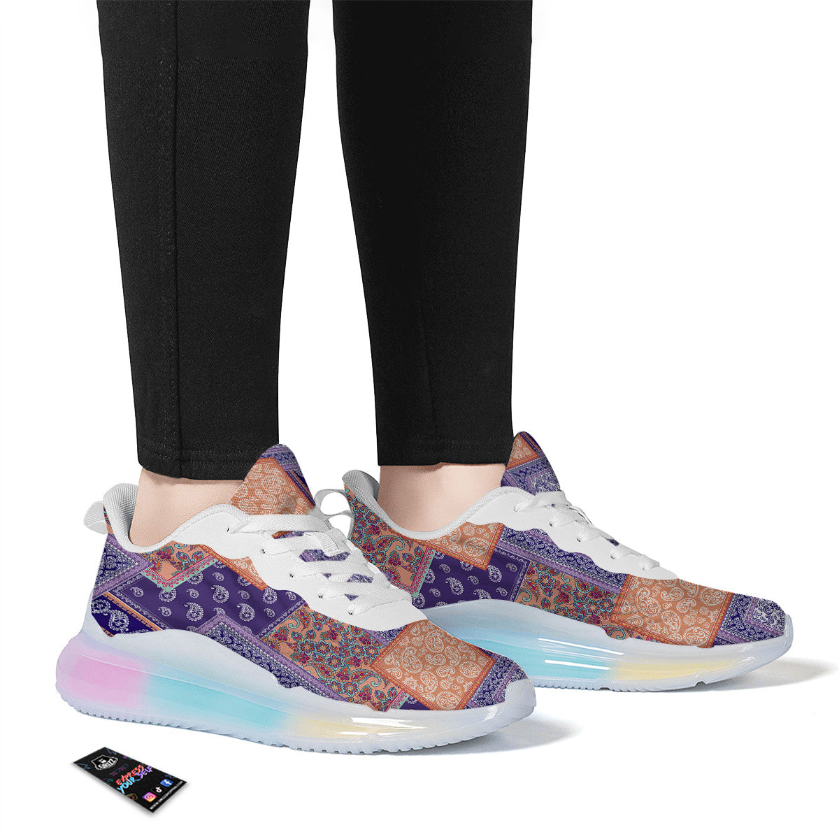 Patchwork Paisley Blue And Orange Print Pattern Running Sneakers-grizzshop