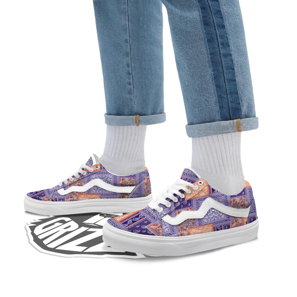 Patchwork Paisley Blue And Orange Print Pattern Skate Shoes-grizzshop