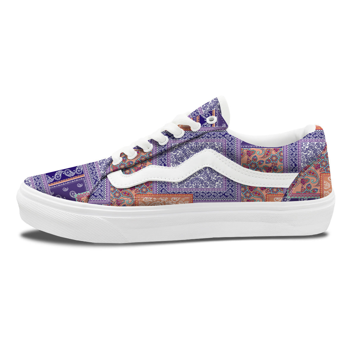 Patchwork Paisley Blue And Orange Print Pattern Skate Shoes-grizzshop