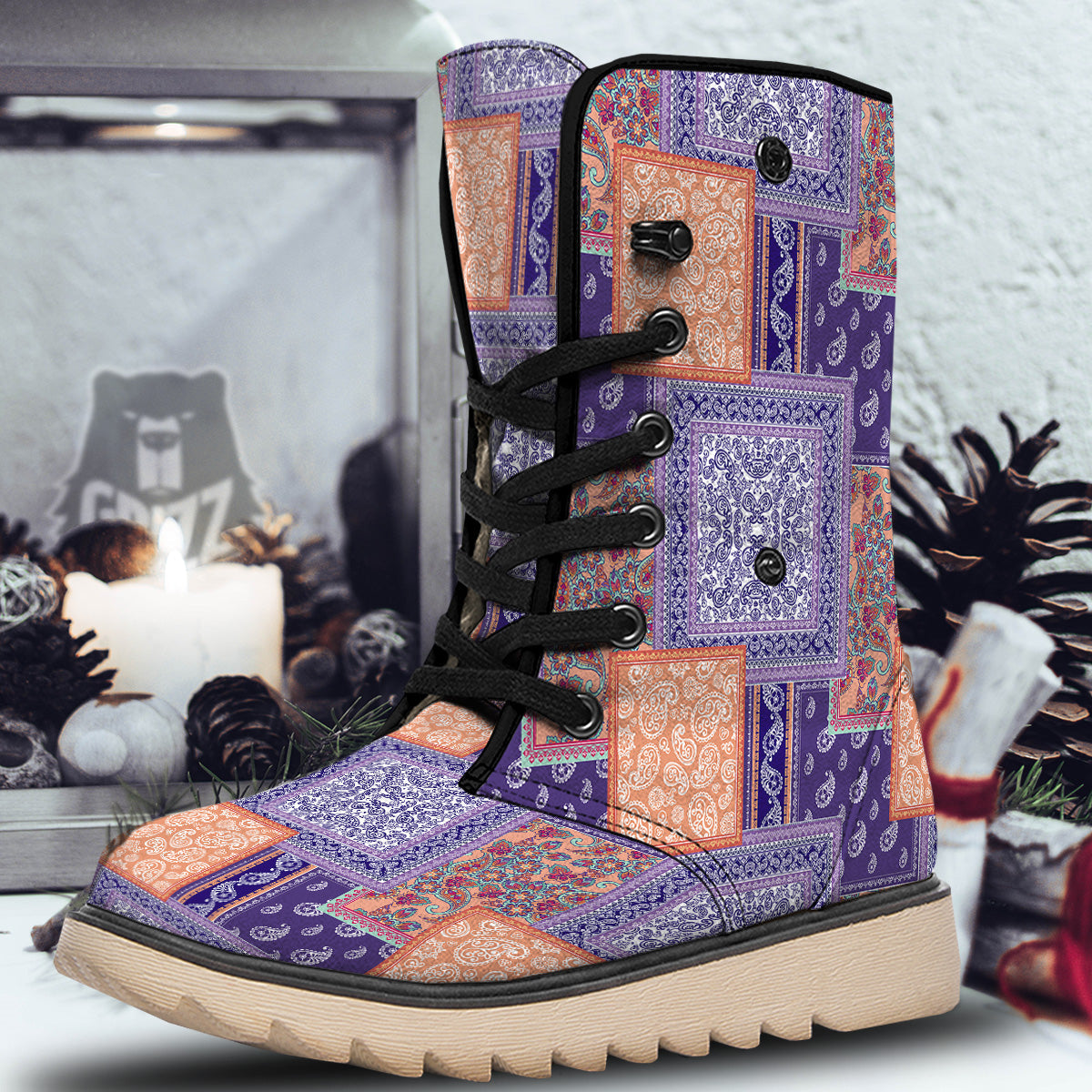 Patchwork Paisley Blue And Orange Print Pattern Snow Boots-grizzshop
