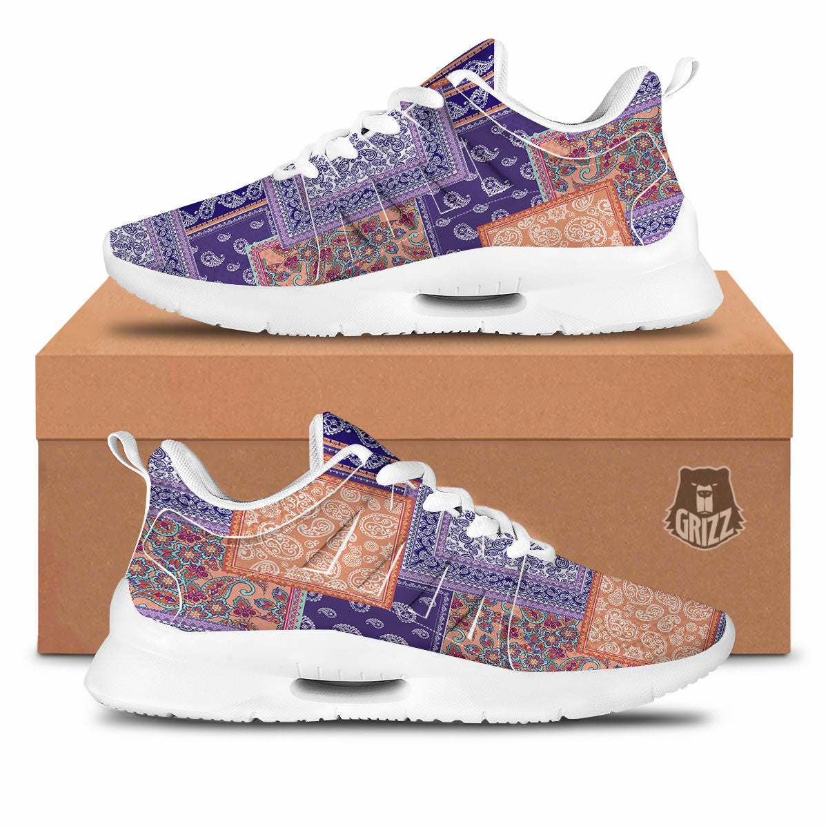 Patchwork Paisley Blue And Orange Print Pattern Tennis Shoes-grizzshop