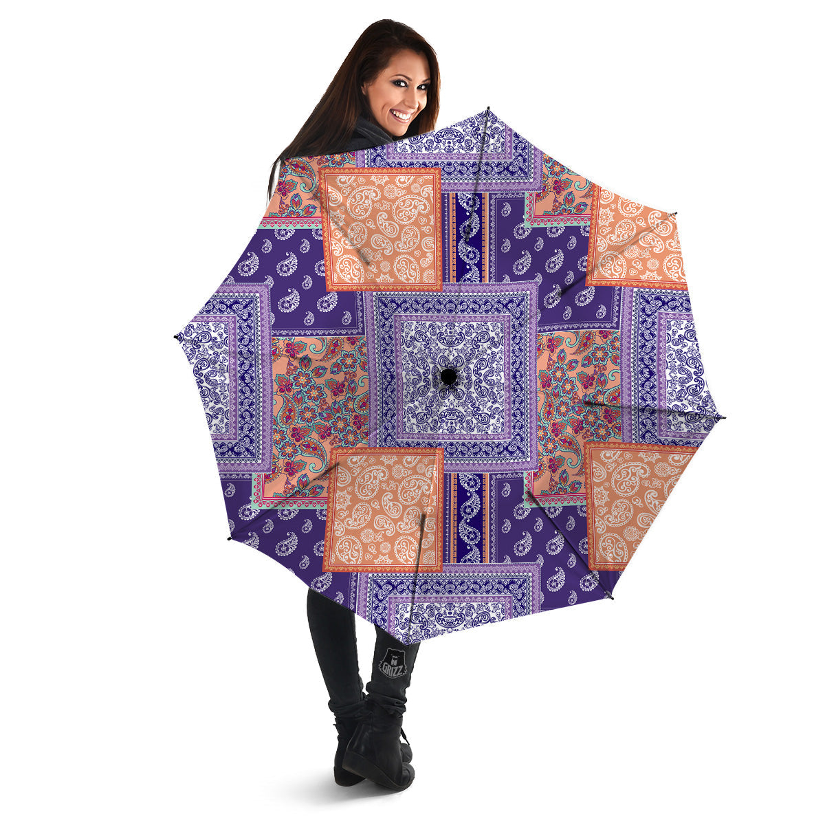 Patchwork Paisley Blue And Orange Print Pattern Umbrella-grizzshop