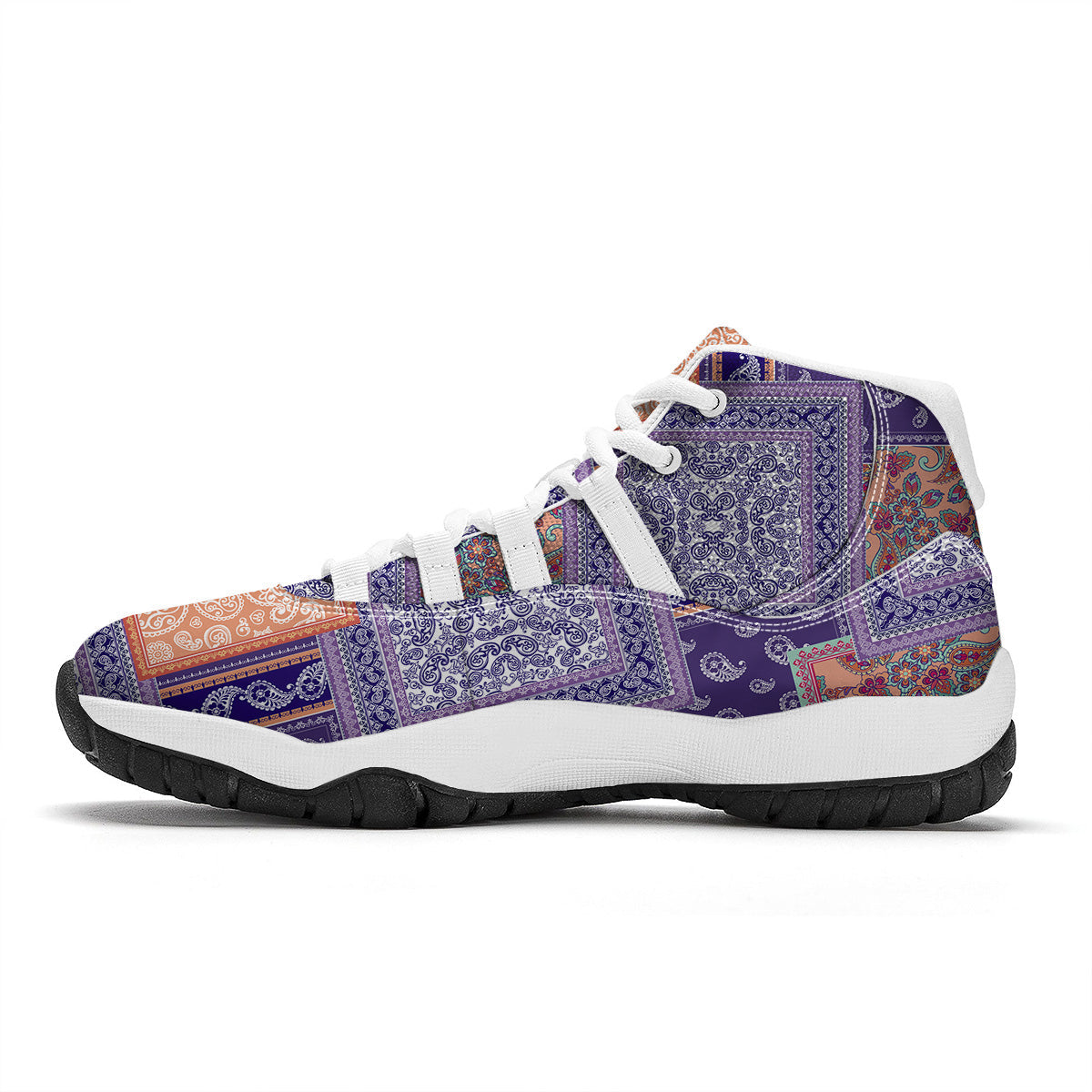 Patchwork Paisley Blue And Orange Print Pattern White Bball Shoes-grizzshop