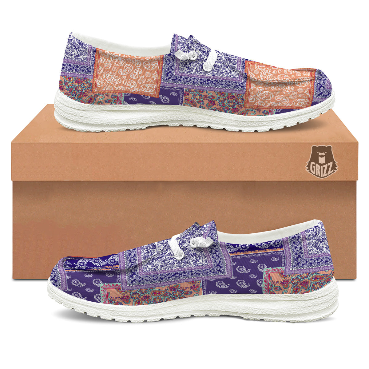 Patchwork Paisley Blue And Orange Print Pattern White Loafers-grizzshop