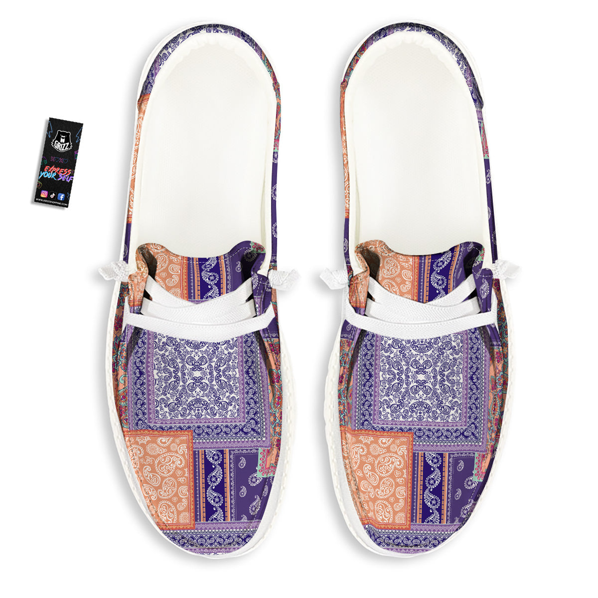 Patchwork Paisley Blue And Orange Print Pattern White Loafers-grizzshop