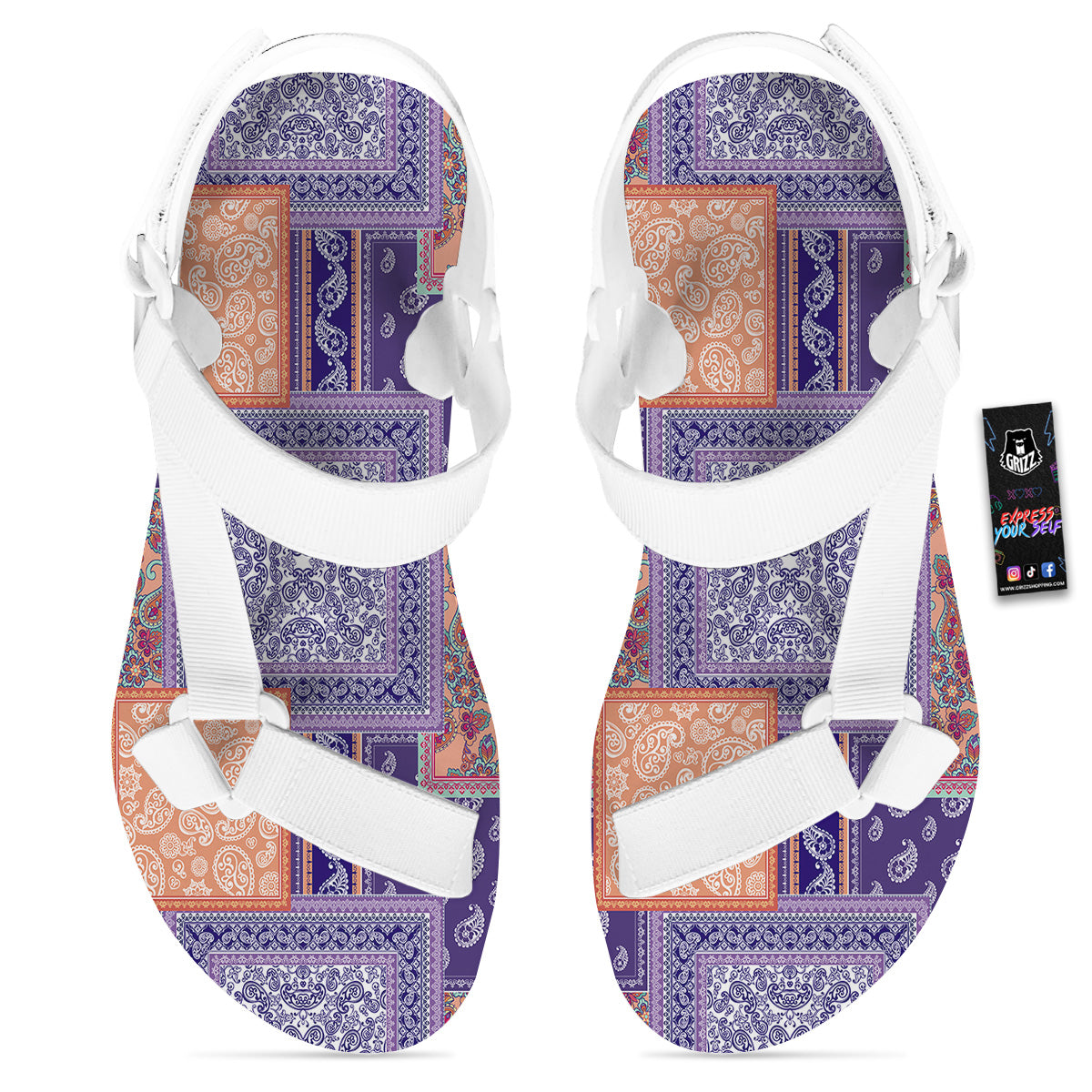 Patchwork Paisley Blue And Orange Print Pattern White Open Toe Sandals-grizzshop
