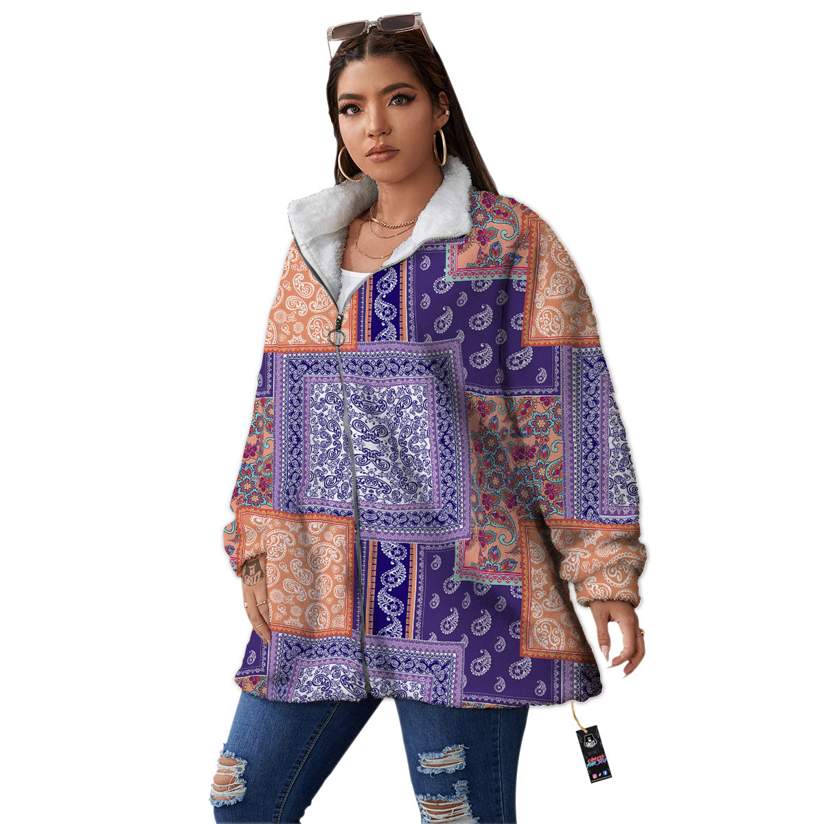 Patchwork Paisley Blue And Orange Print Pattern Women's Sherpa Jacket-grizzshop