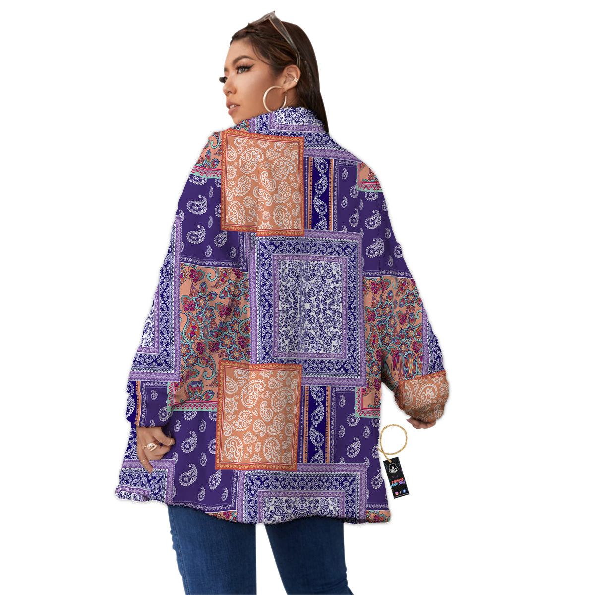 Patchwork Paisley Blue And Orange Print Pattern Women's Sherpa Jacket-grizzshop