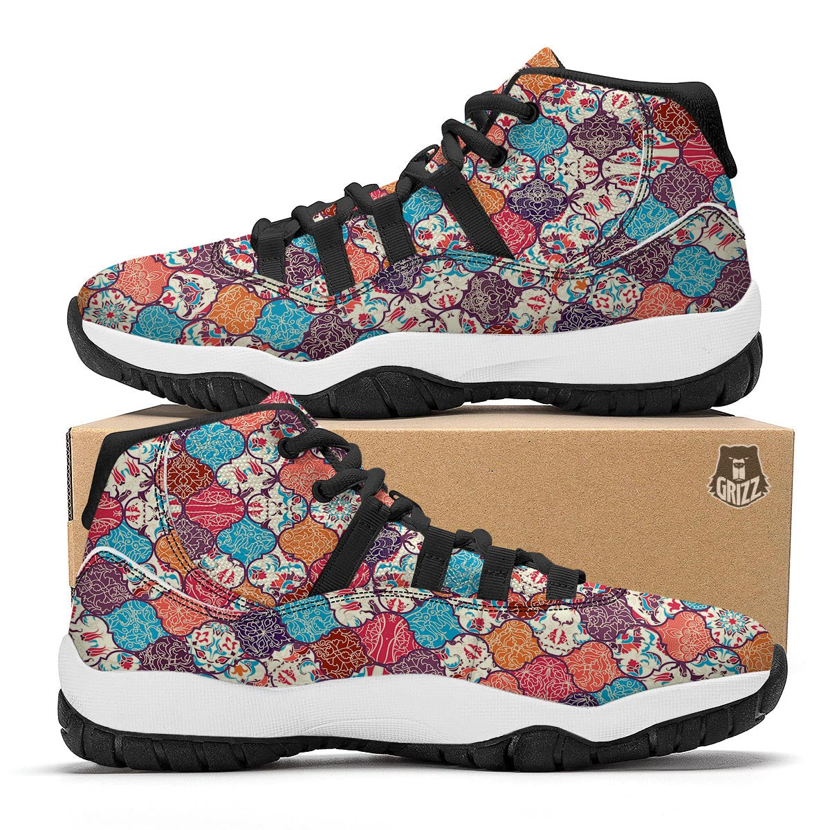Patchwork Pattern Print Black Bball Shoes-grizzshop