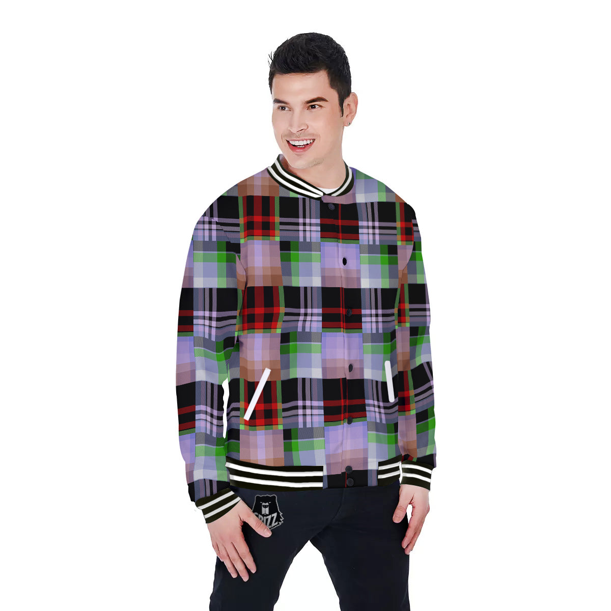 Patchwork Plaid Madras Print Pattern Baseball Jacket-grizzshop