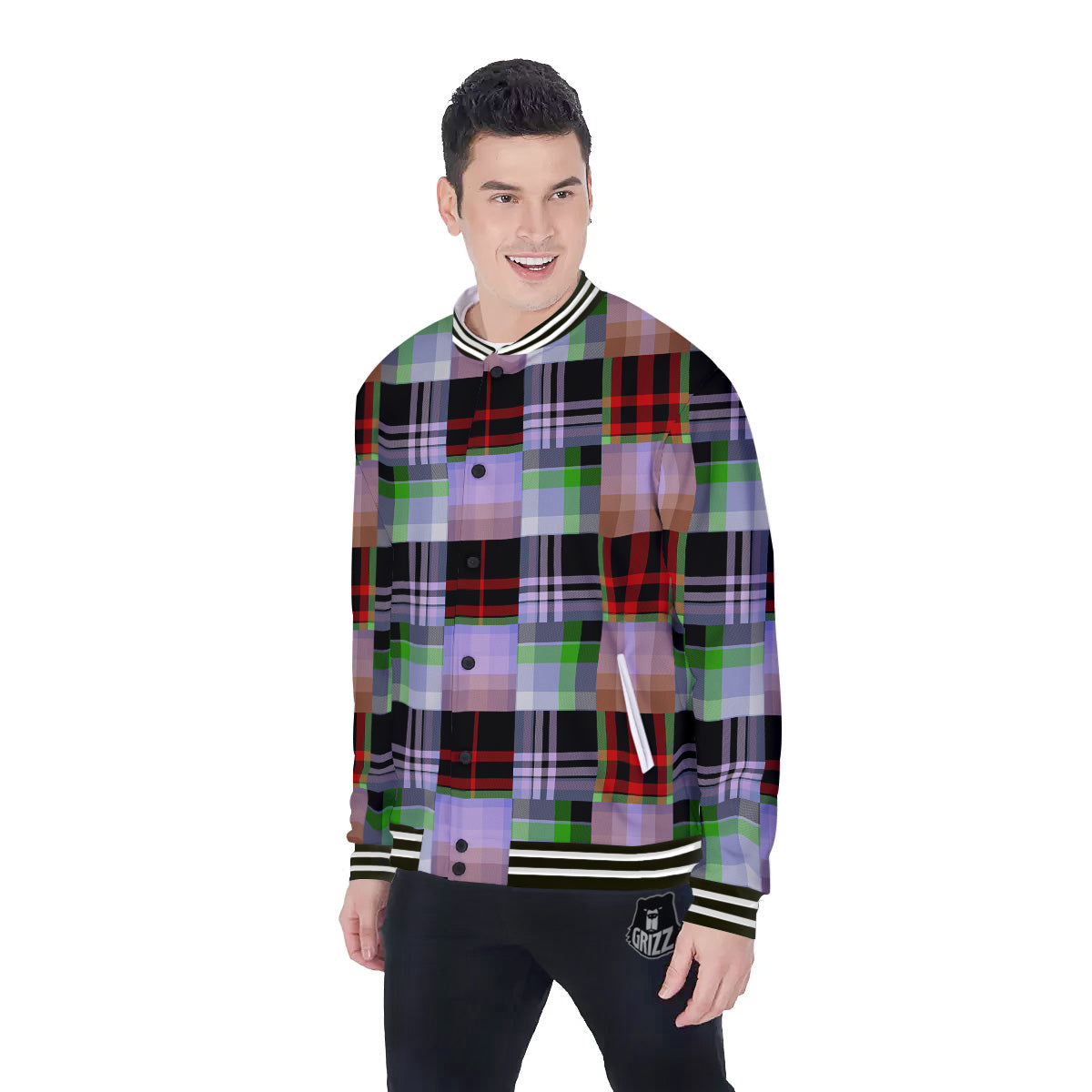 Patchwork Plaid Madras Print Pattern Baseball Jacket-grizzshop