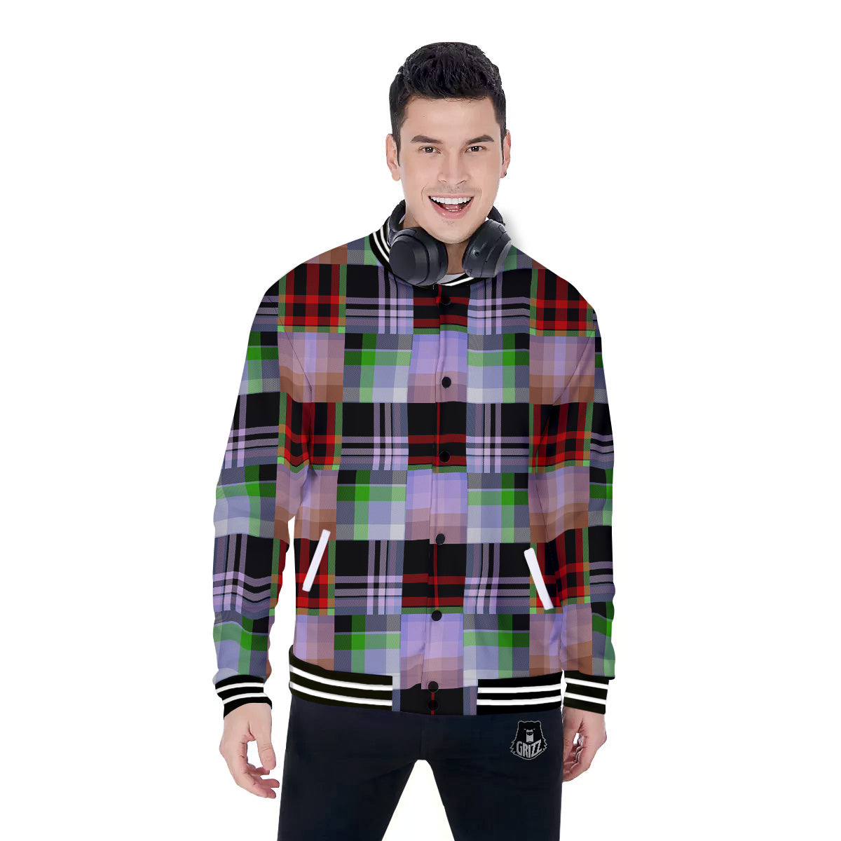 Patchwork Plaid Madras Print Pattern Baseball Jacket-grizzshop