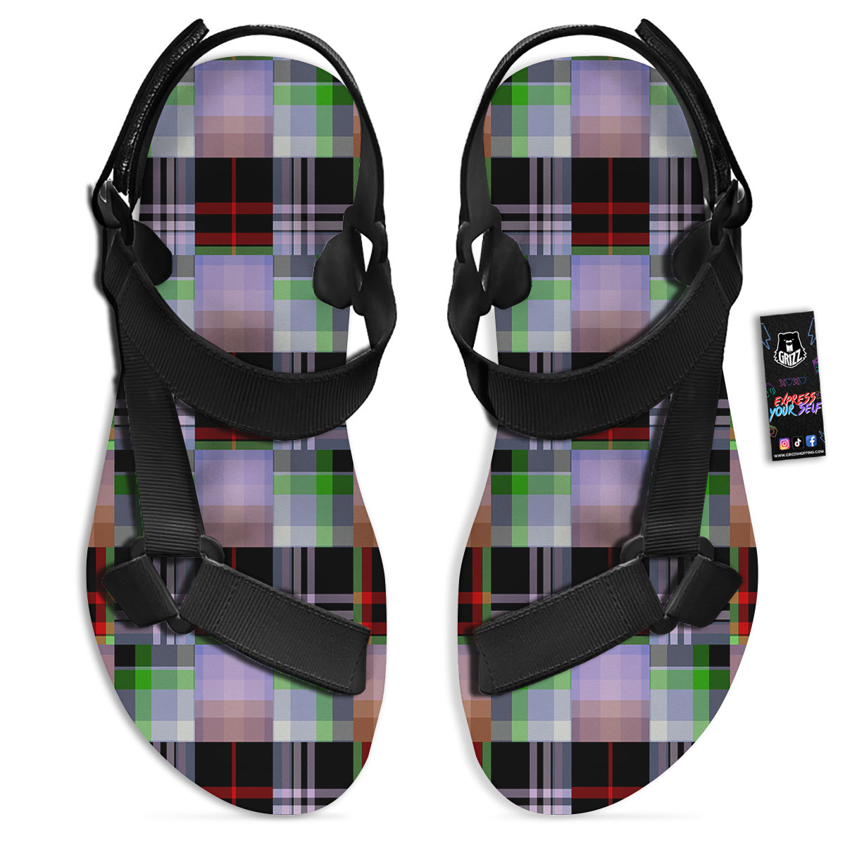 Patchwork Plaid Madras Print Pattern Black Open Toe Sandals-grizzshop