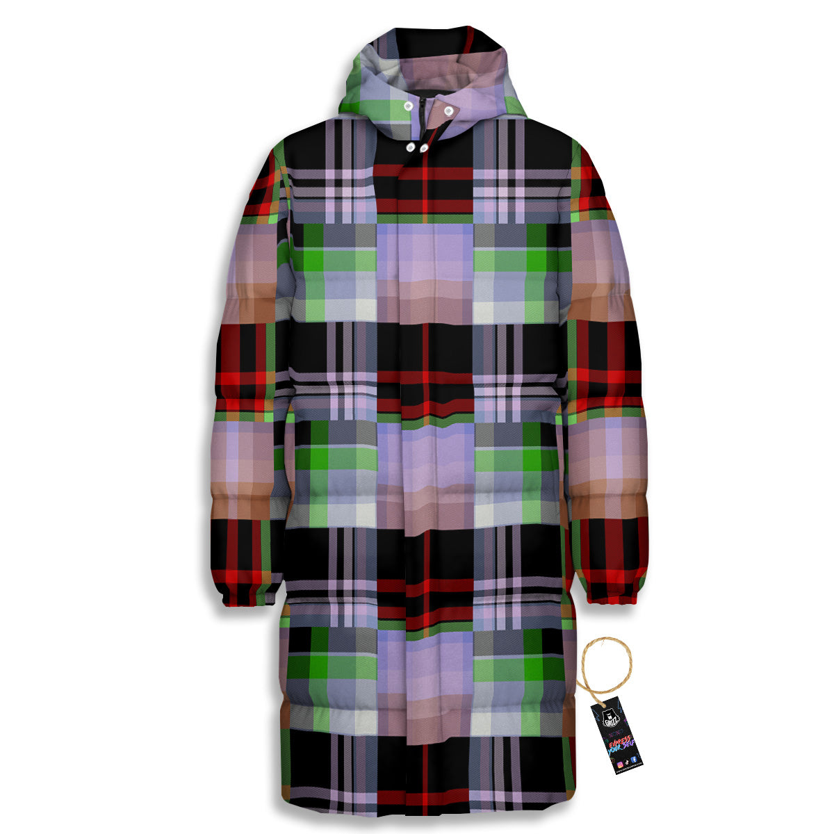 Patchwork Plaid Madras Print Pattern Long Down Jacket-grizzshop